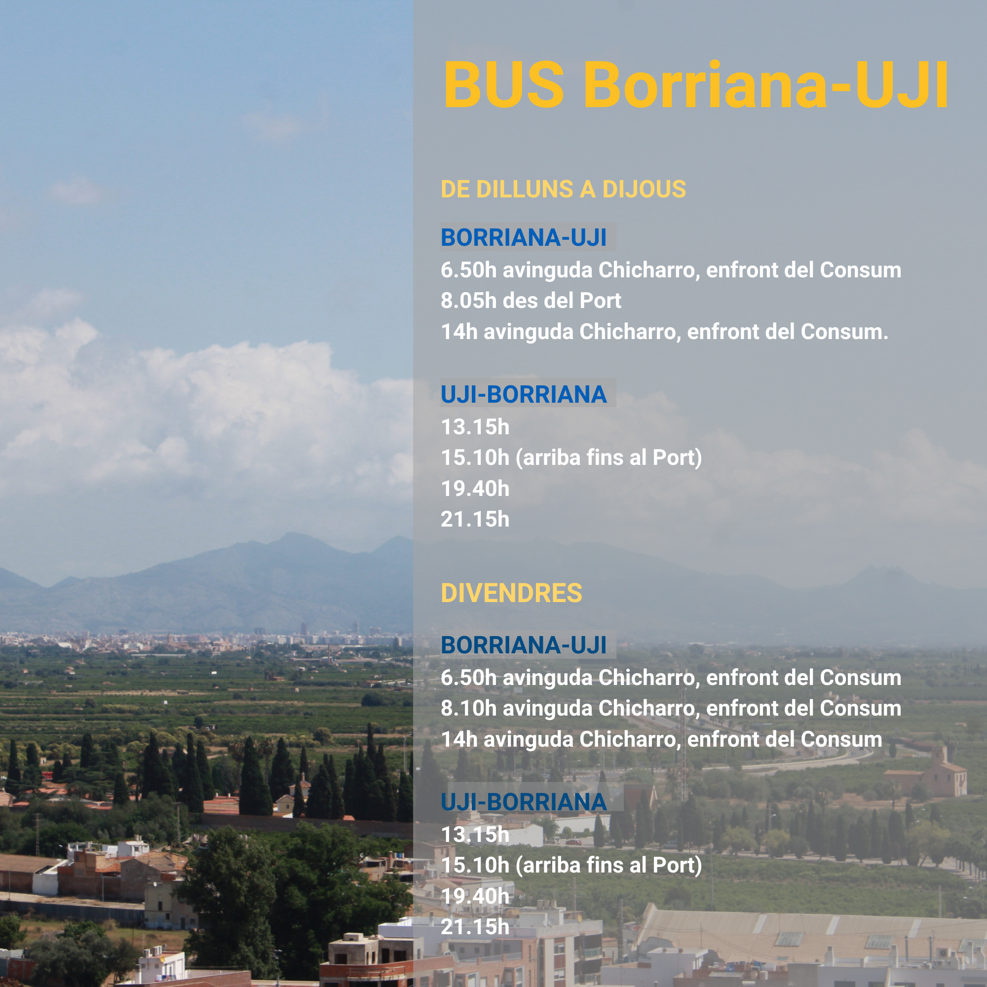 El Ayuntamiento abre el plazo para solicitar las tarjetas del bus Borriana-UJI 2021