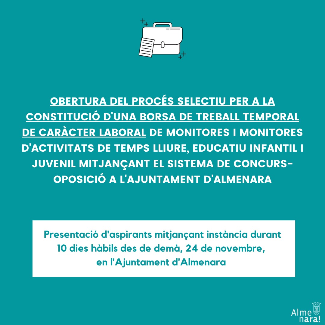 Almenara convoca la constitución de una bolsa de empleo temporal para monitores de actividades de tiempo libre infantiles y juveniles