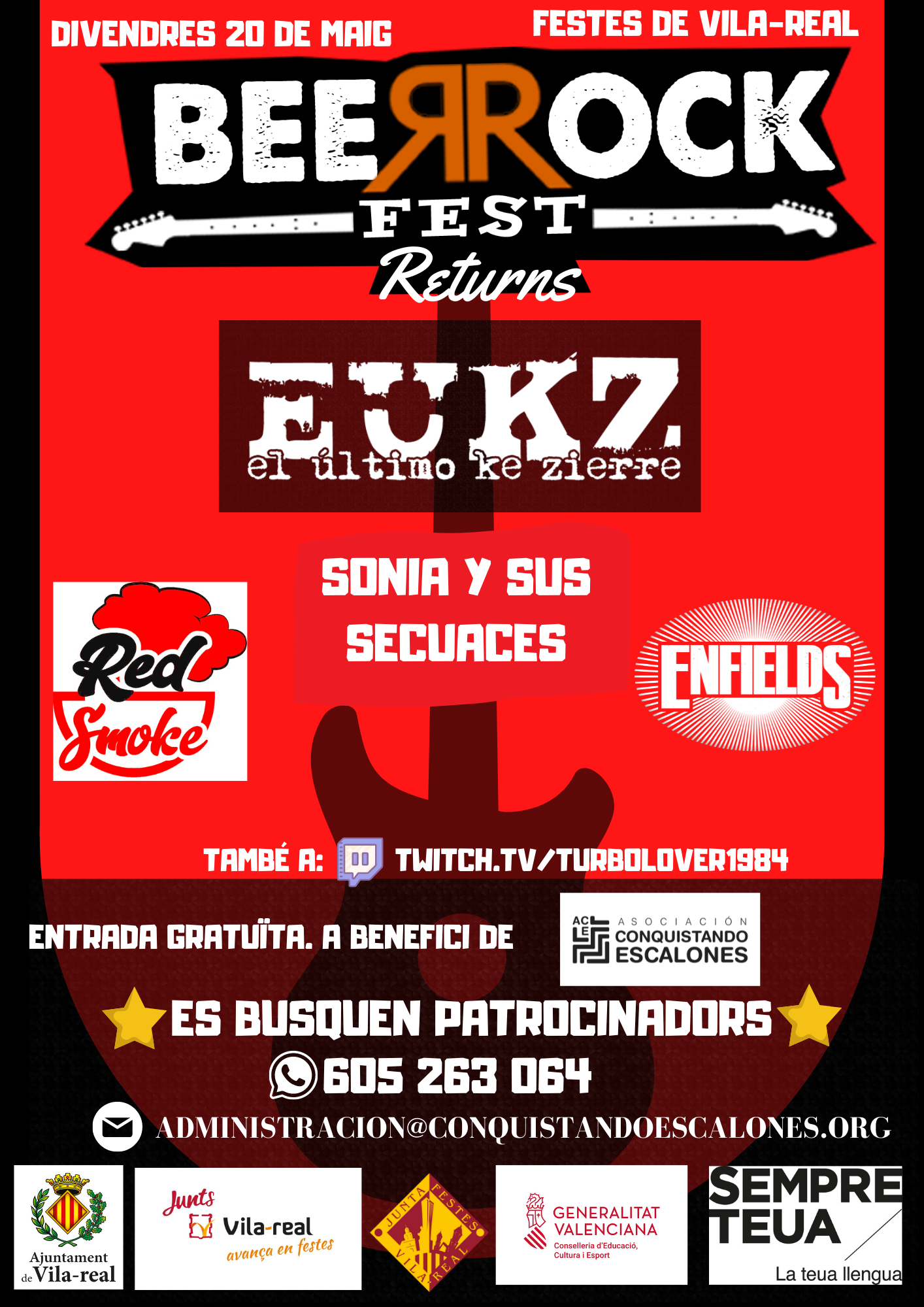 El Último Ke Zierre, Red Smoke, Sonia y Sus Secuaces y Enfields, cartel para la 6ª edición del BeeRЯock Fest Solidario de Vila-real