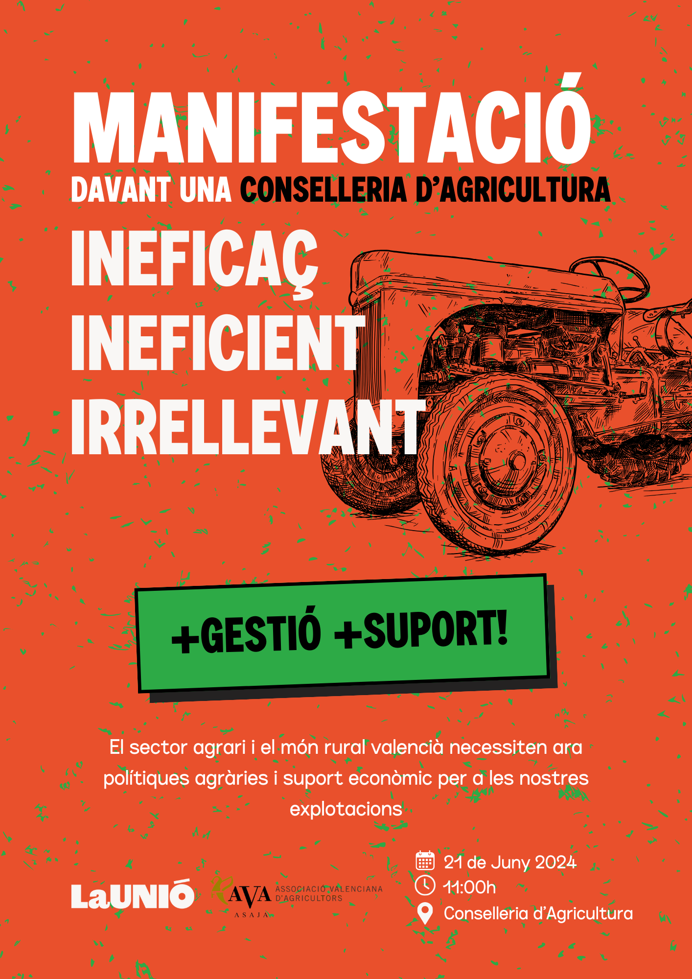 LA UNIÓ i AVA-ASAJA reprenen les mobilitzacions i convoquen una manifestació conjunta el 21 de juny davant la Conselleria d’Agricultura