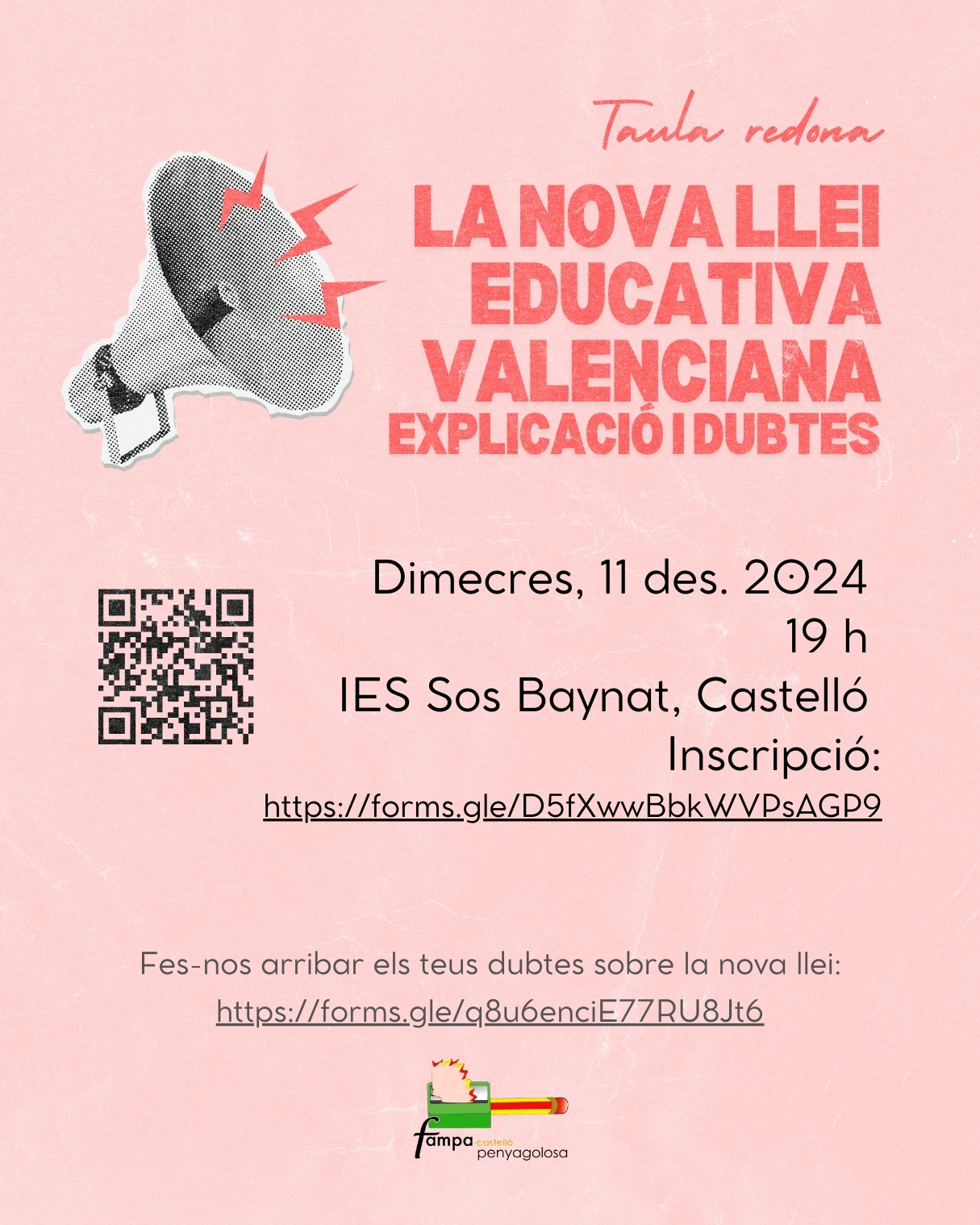 La FAMPA Castelló organitza una taula redona per aclarir dubtes sobre la nova llei educativa valenciana