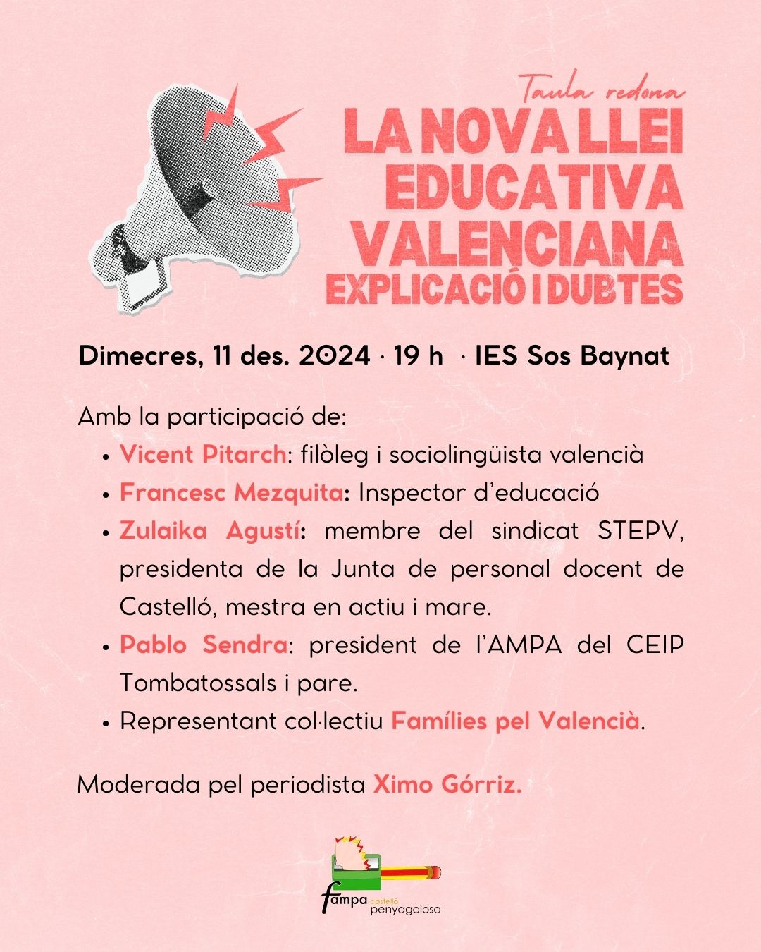 La FAMPA Castelló organitza una taula redona per aclarir dubtes sobre la nova llei educativa valenciana