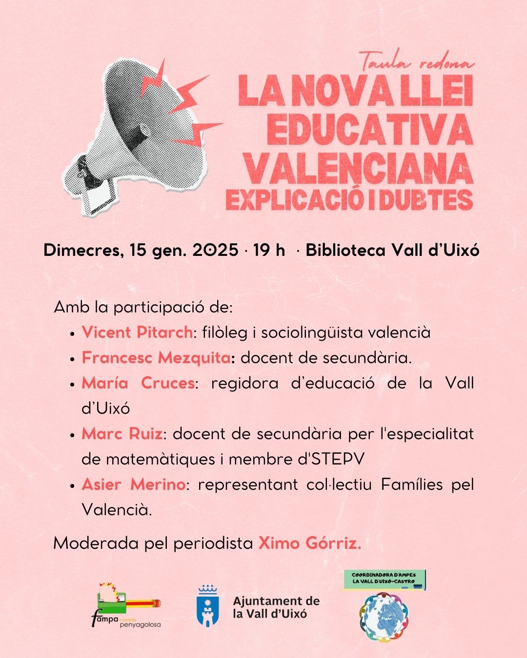 La FAMPA organitza una taula redona per aclarir dubtes sobre la nova llei educativa valenciana