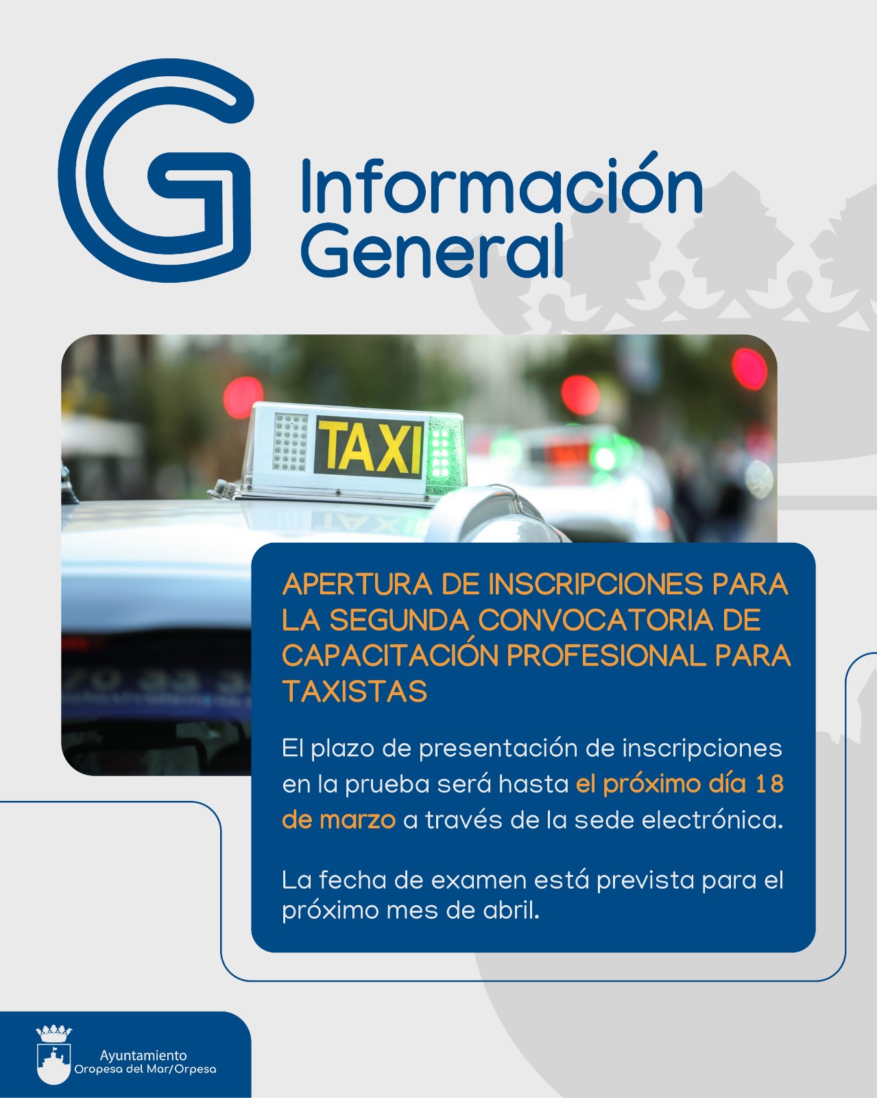 Oropesa del Mar convoca la segunda prueba para la obtención del certificado de capacitación profesional para conductores de taxis