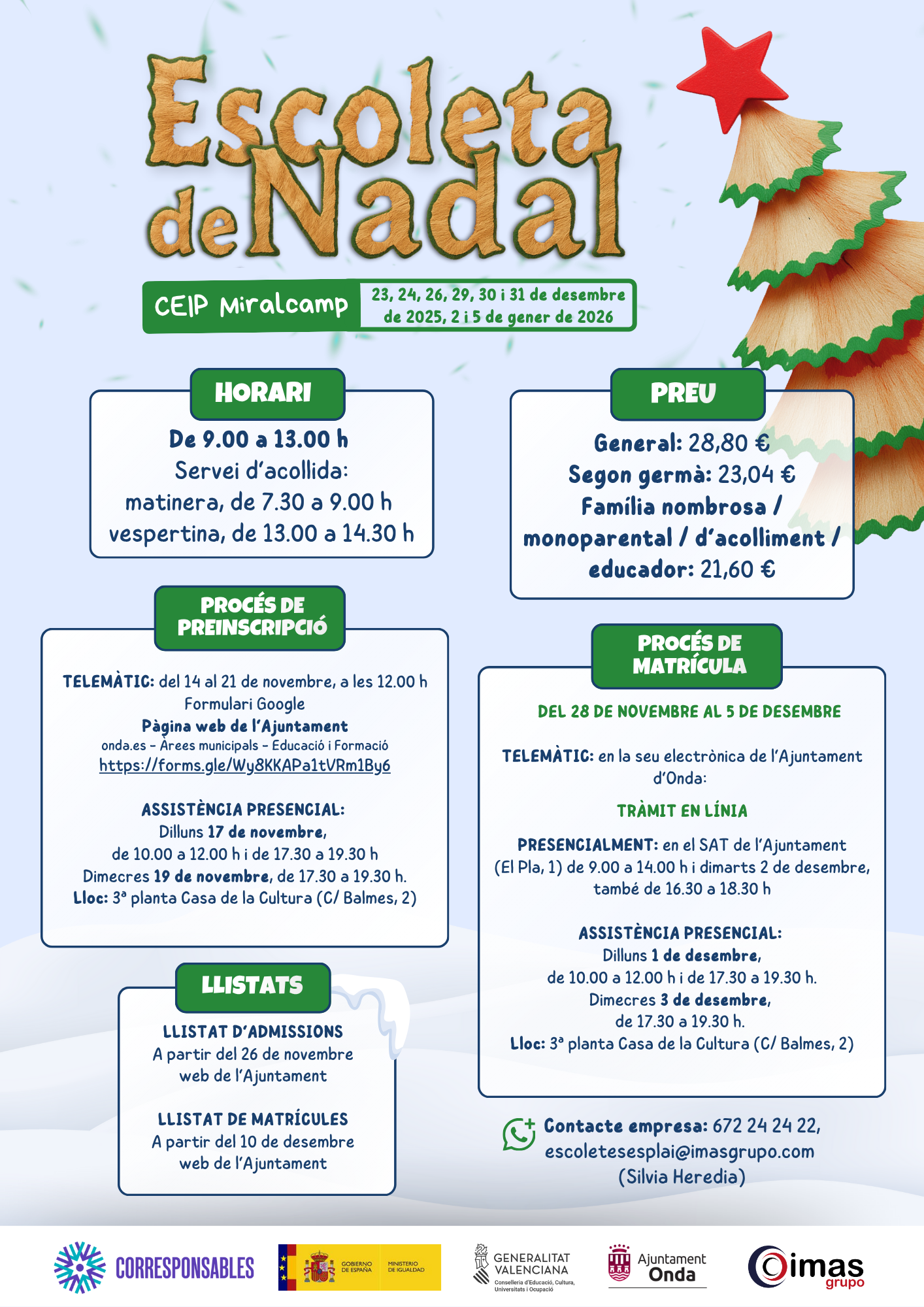 Onda abre las preinscripciones de la Escoleta de Nadal para facilitar la conciliación familiar