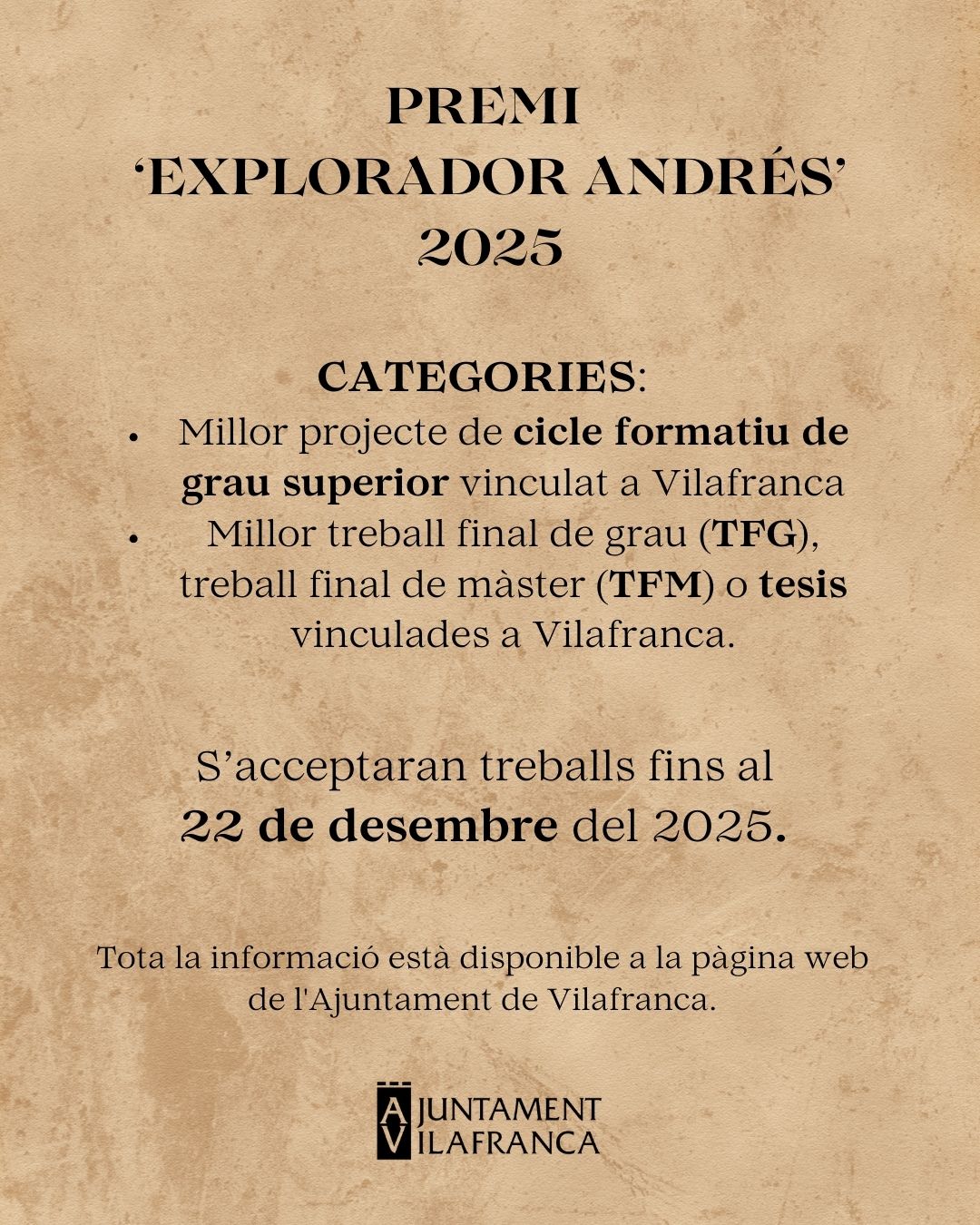 L’Ajuntament de Vilafranca ha obert la convocatòria del Premi ‘Explorador Andrés’ 2025, un guardó destinat a reconéixer els millors treballs acadèmics relacionats amb la localitat