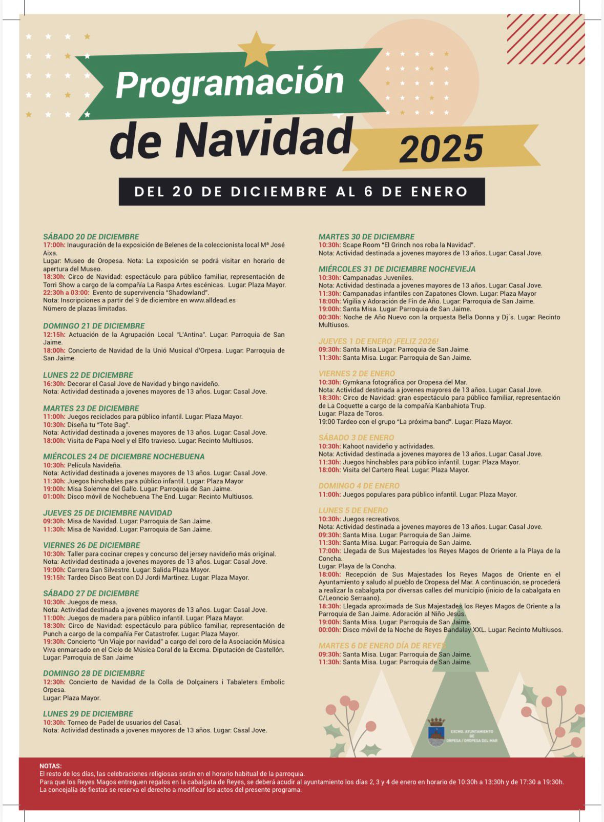 Oropesa del Mar presenta una completa programación navideña para disfrutar en familia durante las vacaciones escolares