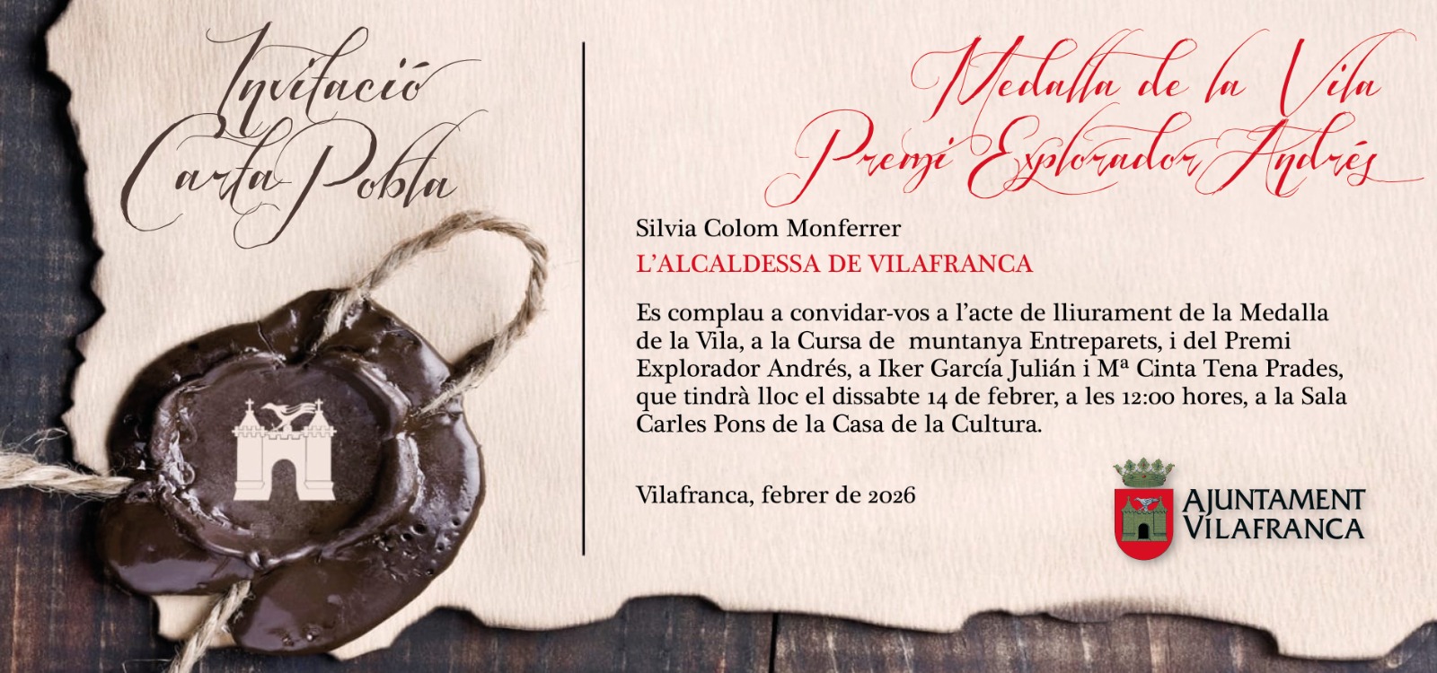 Vilafranca commemora el 787é aniversari de la Carta Pobla amb el lliurament de la Medalla de la Vila i del Premi Explorador Andrés