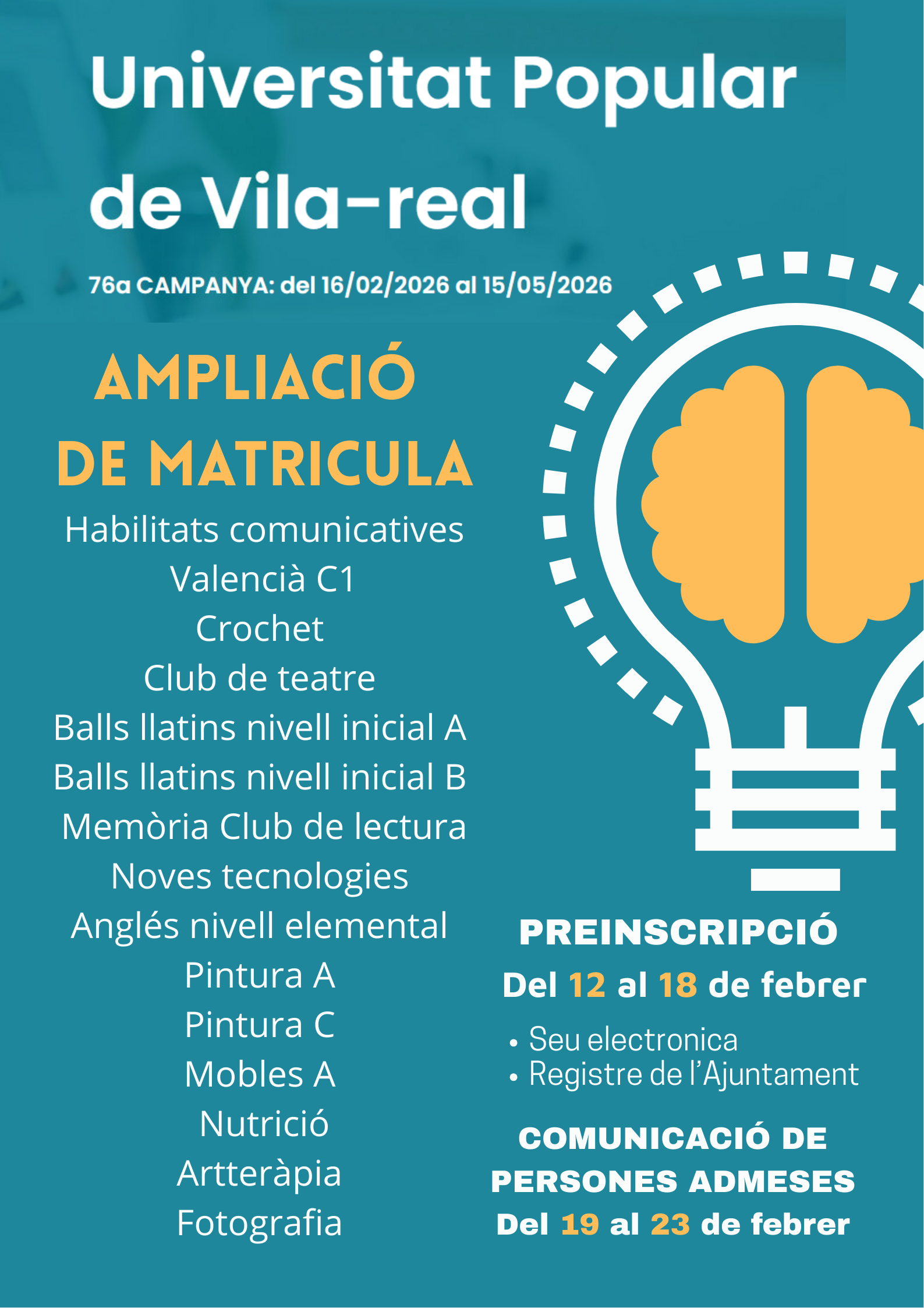 La Universitat Popular de Vila-real obri l’ampliació de matrícula de la 76a campanya