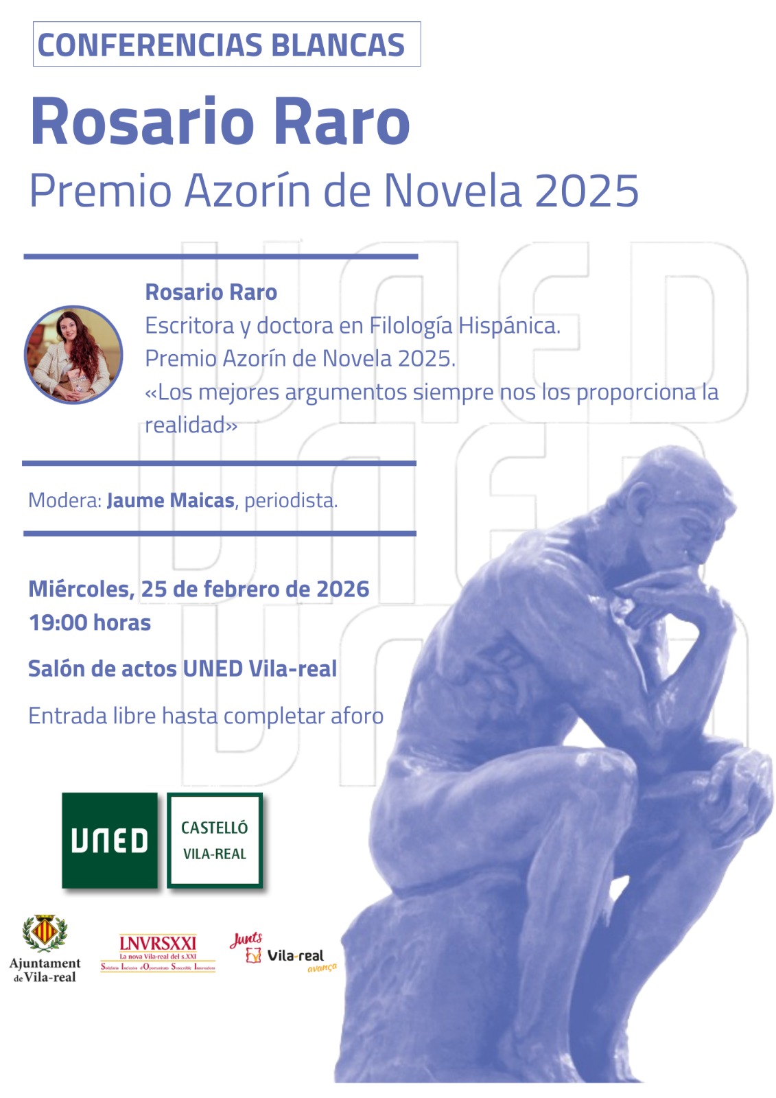 Rosario Raro, Premio Azorín de Novela 2025, protagoniza una nueva cita de las Conferencias Blancas en la UNED