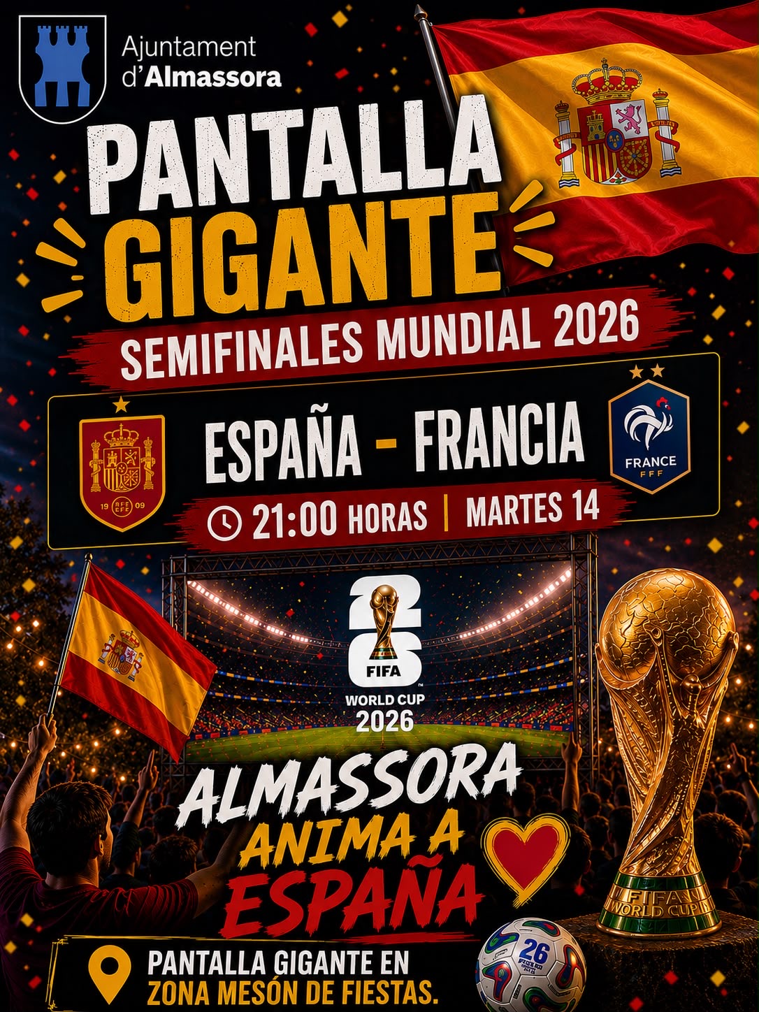 Almassora instalará una pantalla gigante para seguir la semifinal entre España y Francia