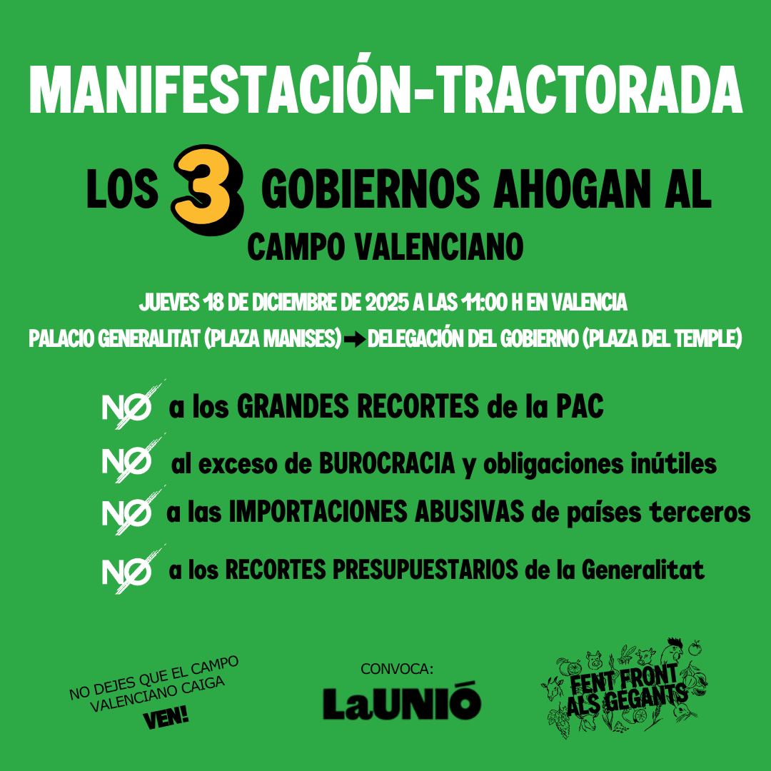 LA UNIÓ convoca una manifestació-tractorada el pròxim 18 de desembre pels carrers de València